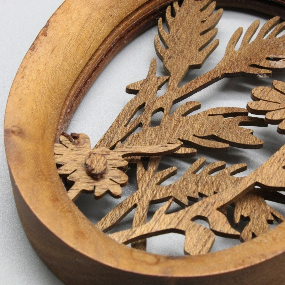 Wooden Floral Wall Plaque Oval Carved Cutout Brown Rustic Folk Art 4in